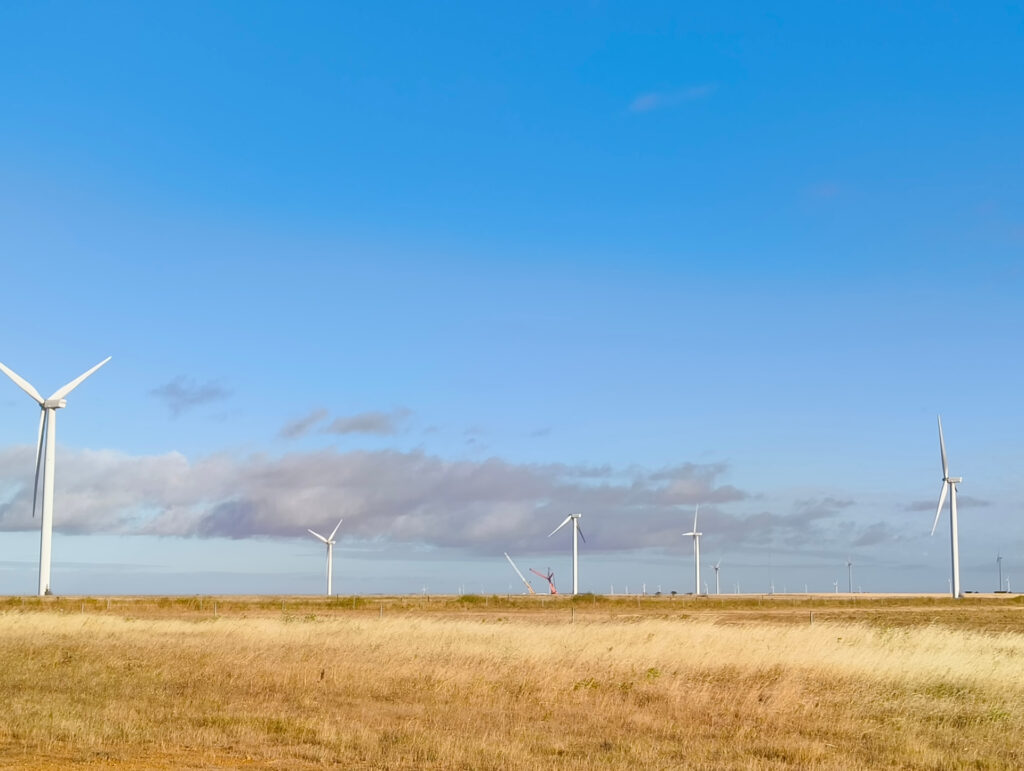 Wind turbines stand in a grassy field under a bright blue sky with scattered clouds, generating renewable energy.
