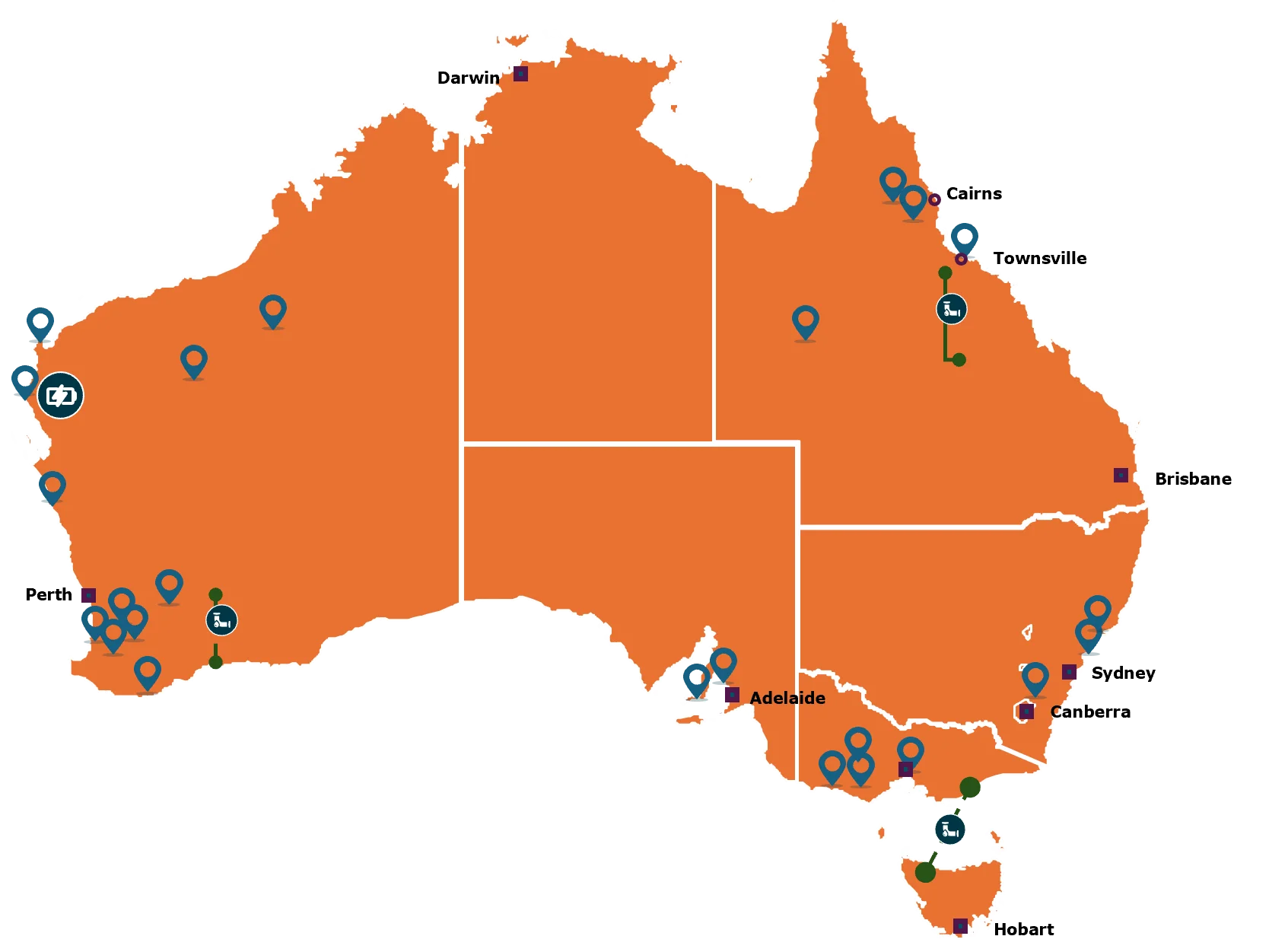 Map of Australia with major cities labeled and marked locations across the country, mostly along the coast. Blue pins, green icons, and dark squares indicate different sites or facilities in each region.