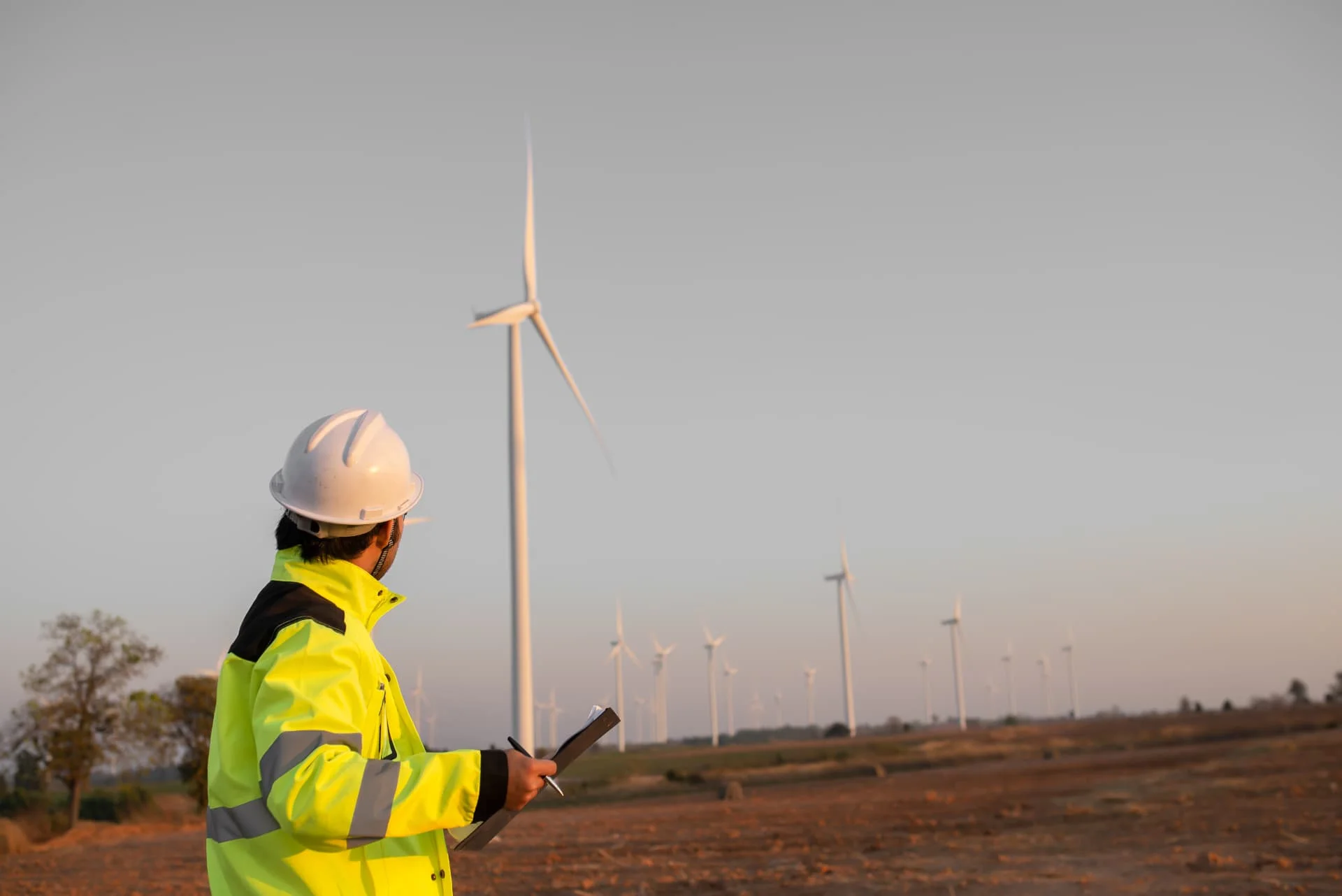 A person in a yellow safety jacket and white helmet, holding a tablet, stands in a field with multiple wind turbines under a clear sky.